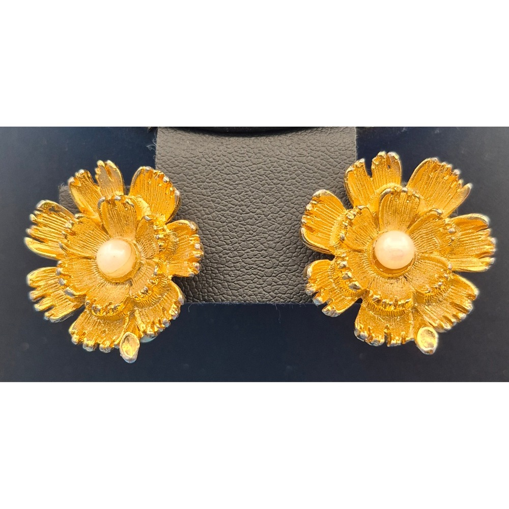 Vintage BSK Clip On Earrings Gold Tone Faux Pearl Flower Petal Textured Floral